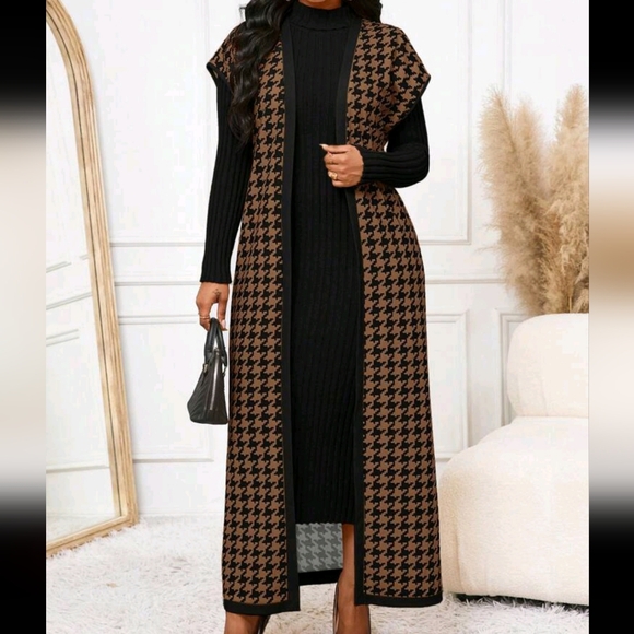 Women's Houndstooth Print Color Block Cardigan Vest, Versatile Spring - Picture 4 of 4